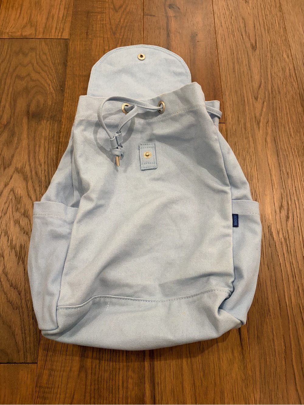 BAGGU Light Blue Cotton Canvas Drawstring Backpack Snap Flap Pockets School Trav
